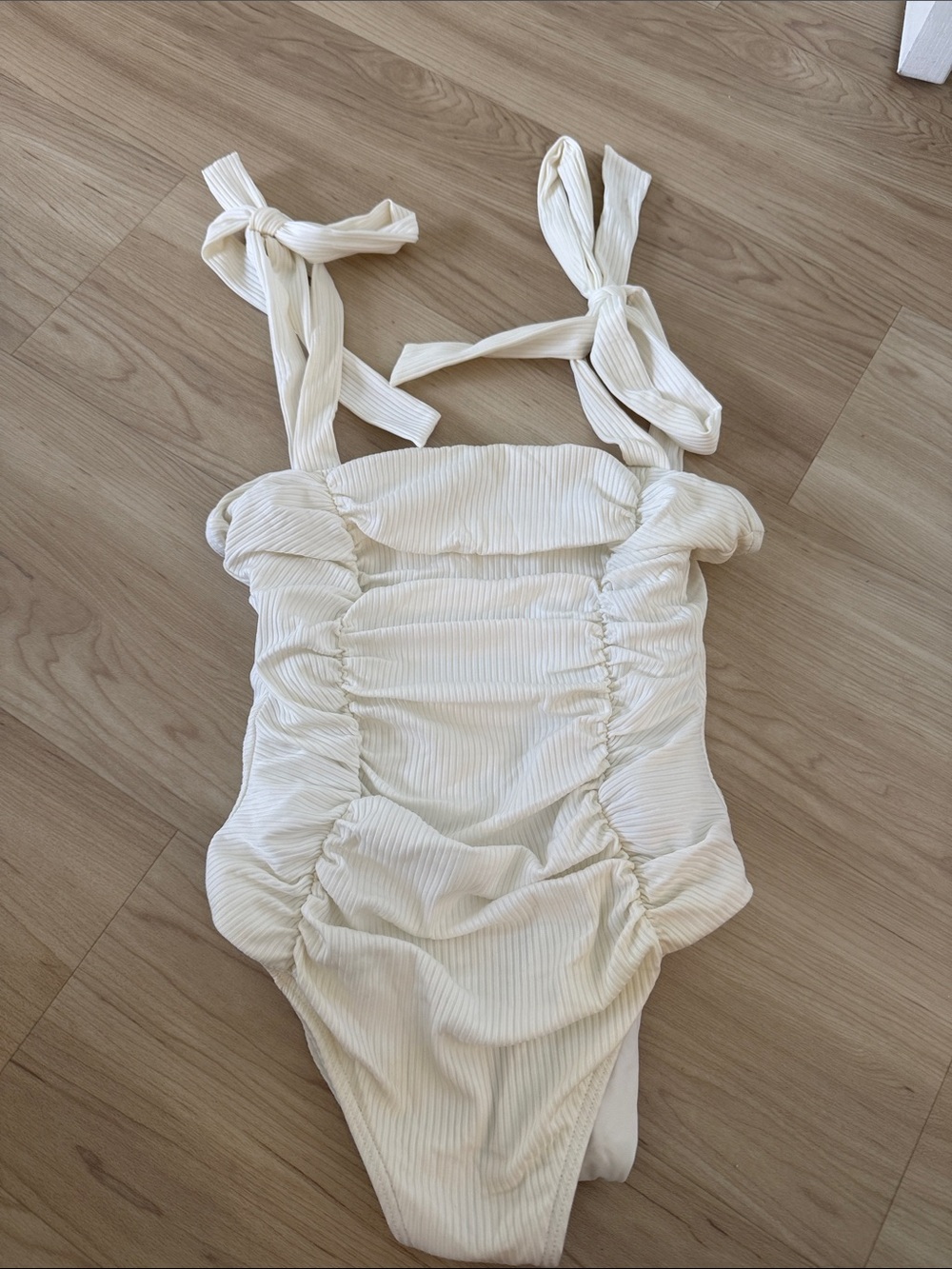 MINKPINK Cream Ruched One-Piece Swimsuit with Tie Straps